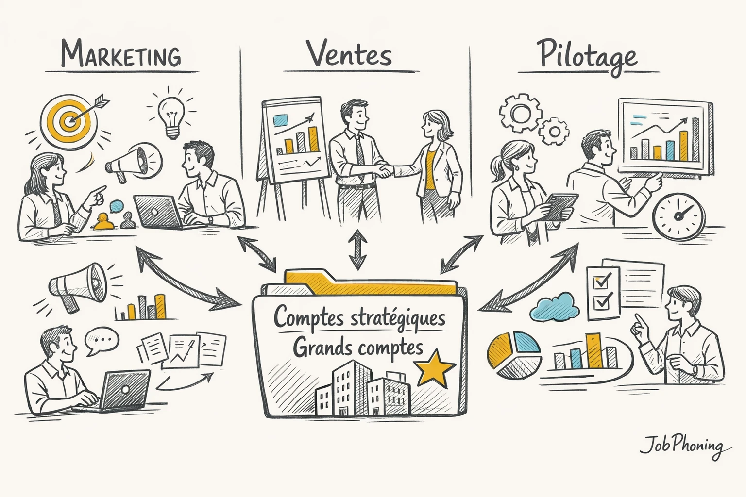 Schéma représentant l’organisation grands comptes via hub central, rectangles connectés