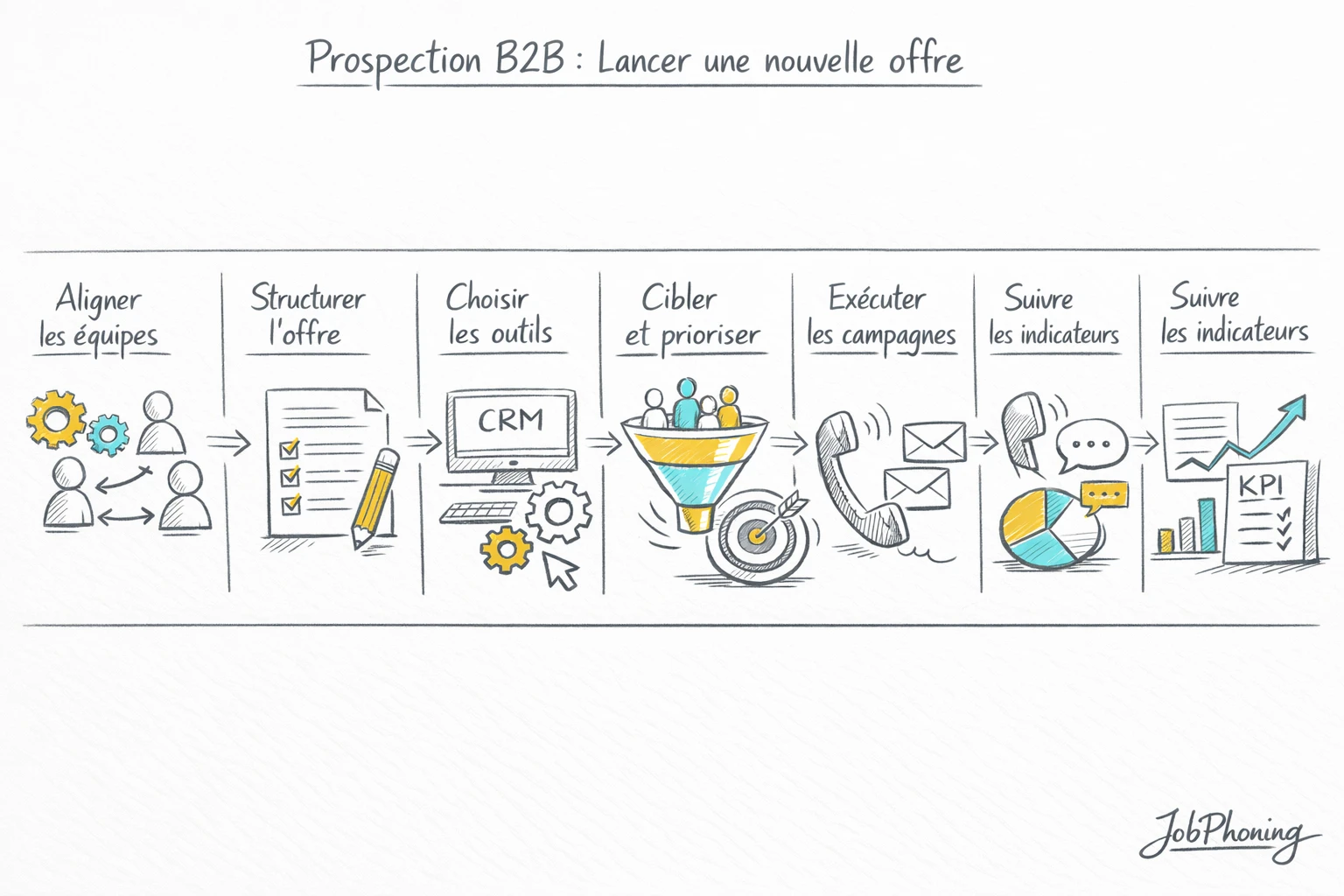 Schéma représentant un processus de prospection B2B structuré via blocs reliés et flèches séquentielles