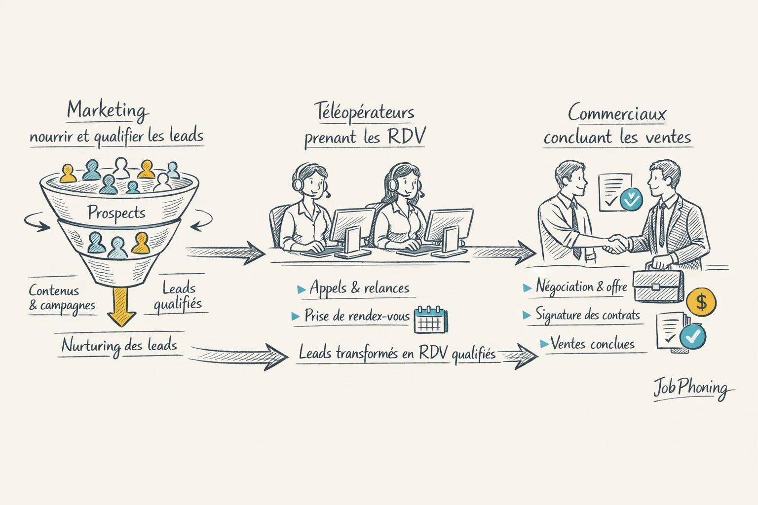 Schéma représentant la coordination marketing, commerciaux et téléopérateurs via un pipeline segmenté et des flèches