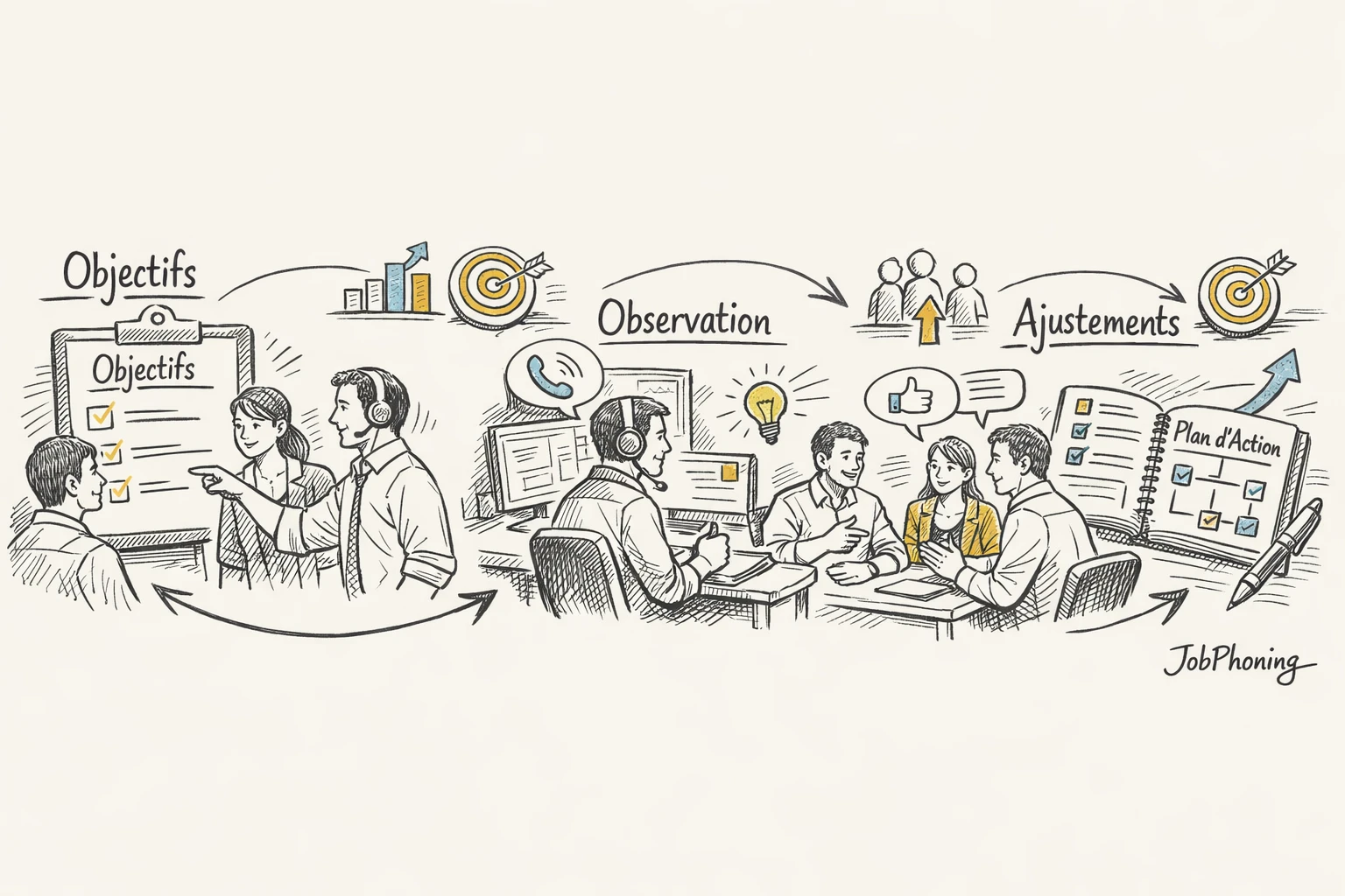 Schéma représentant un parcours de coaching téléphonique via plusieurs blocs reliés et flèches en bleu