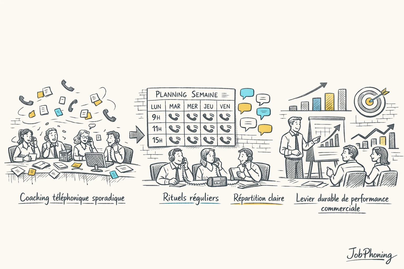 Schéma représentant l’intégration du coaching téléphonique via hub central, blocs calendrier et cercles reliés.