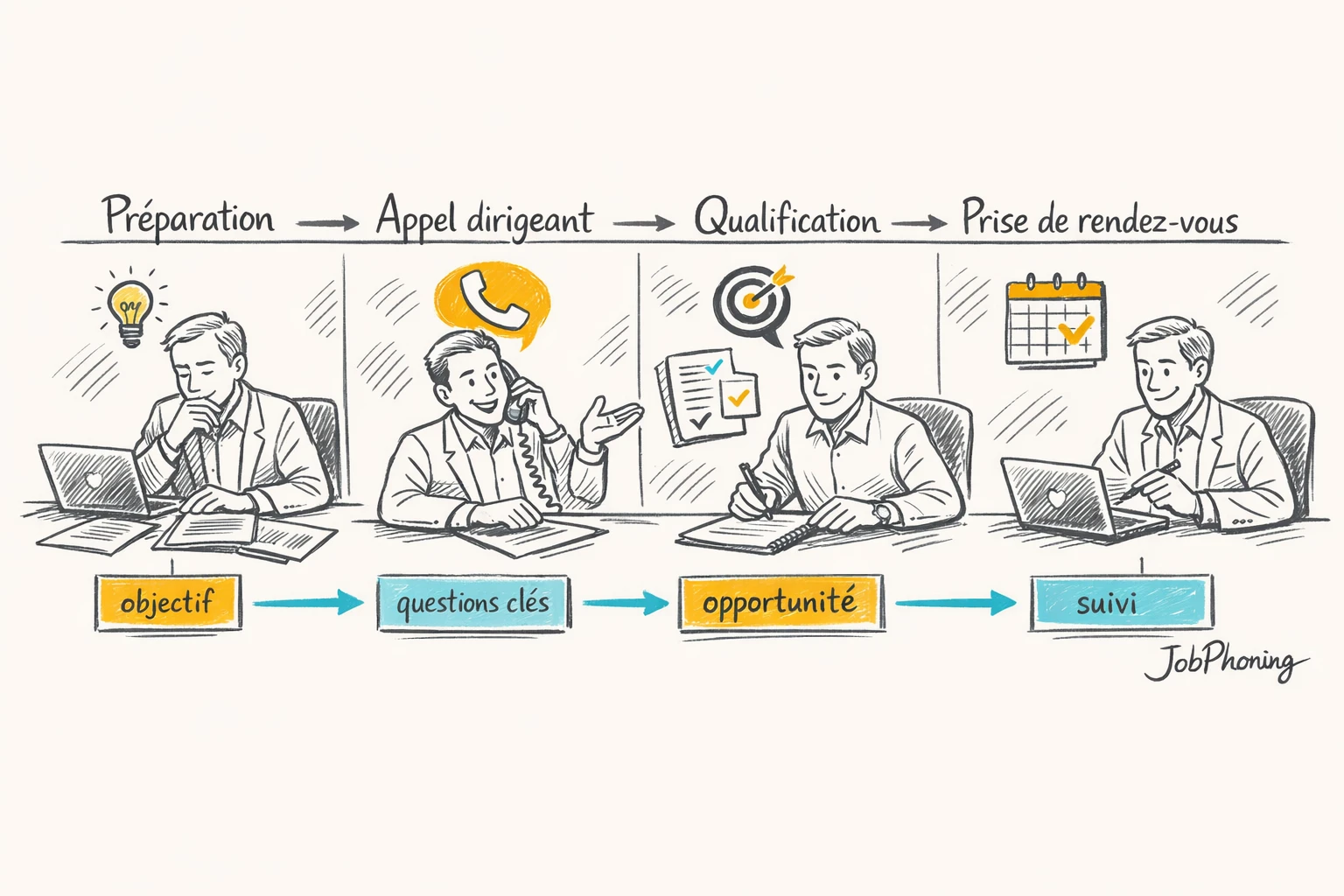 Schéma représentant un processus d’appel B2B structuré via six blocs reliés et flèches minimalistes.