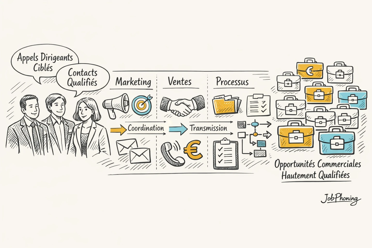 Schéma représentant la collaboration marketing, prospection et vente via cercles connectés et flux structurés