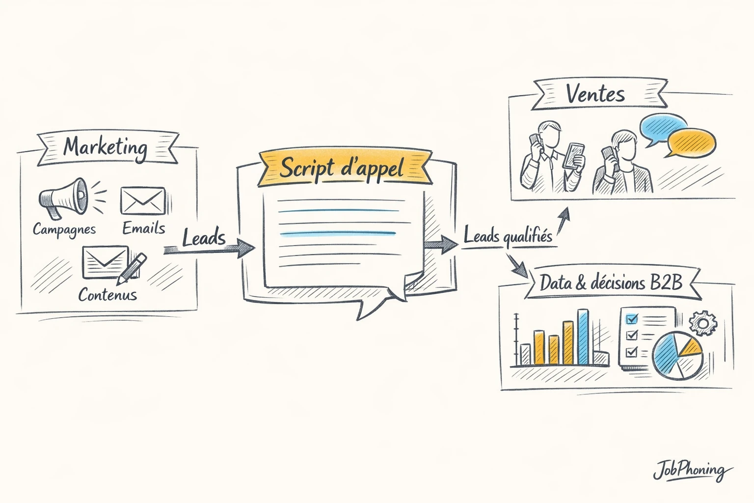 Schéma représentant l’intégration d’un script d’appel via un noyau central reliant plusieurs blocs marketing, ventes