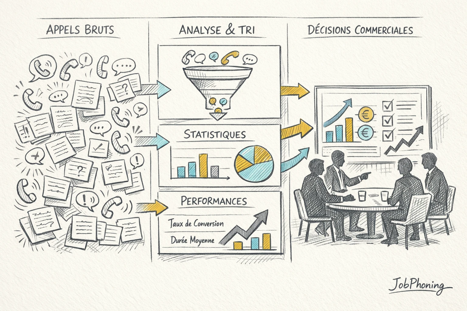 Schéma représentant le pilotage chiffré des campagnes téléphoniques via blocs reliés et flèches séquentielles.