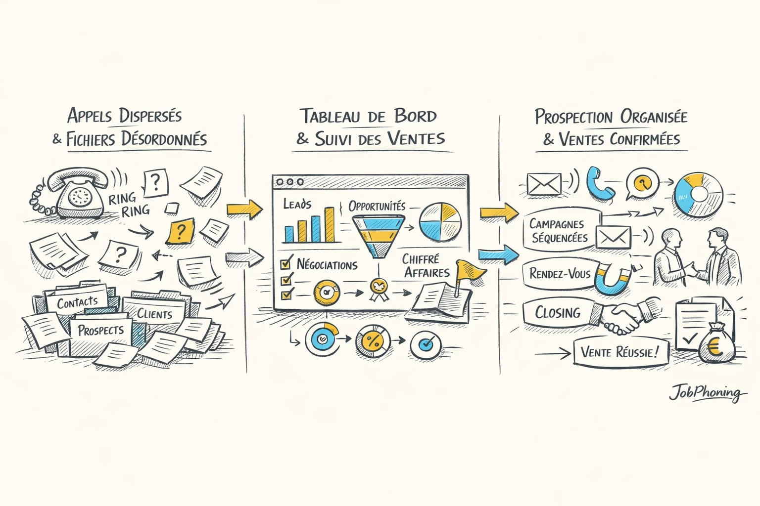 Schéma représentant le parcours d’indicateurs commerciaux via pipeline segmenté et formes géométriques connectées