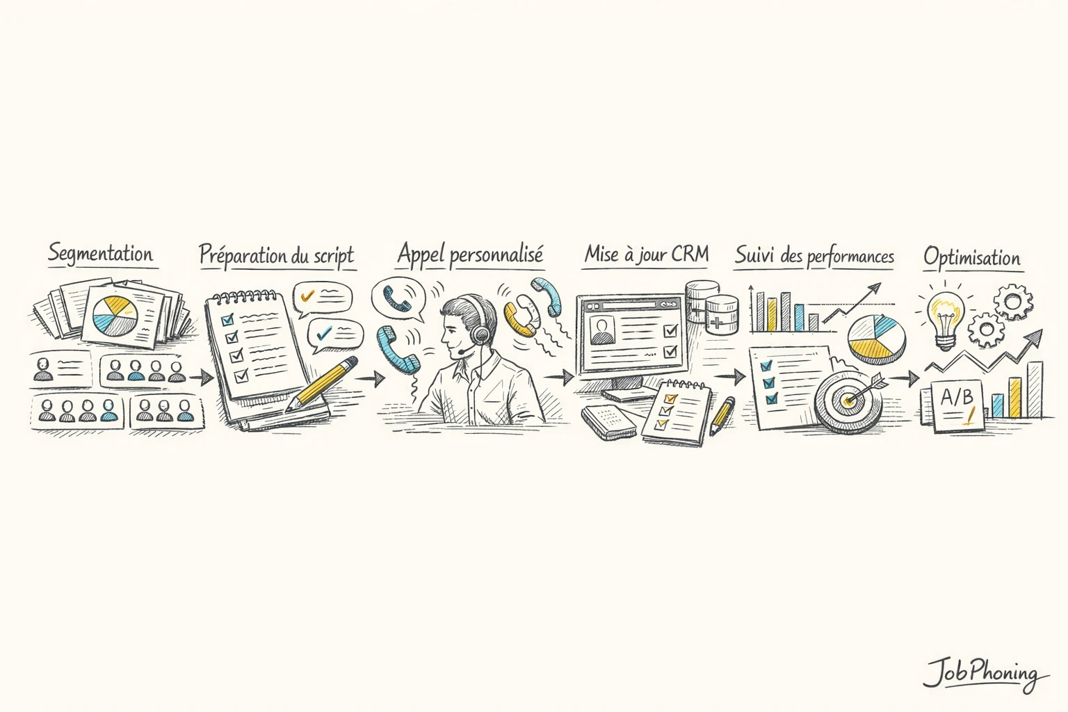 Schéma représentant un processus d’appels B2B personnalisé via enchaînement de blocs et flèches colorés