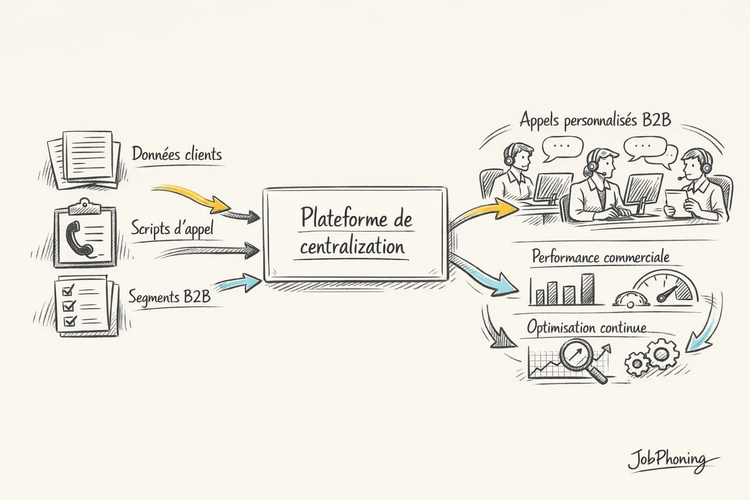 Infographie représentant la personnalisation des appels B2B via hub central, segments, scripts et boucles d’amélioration.