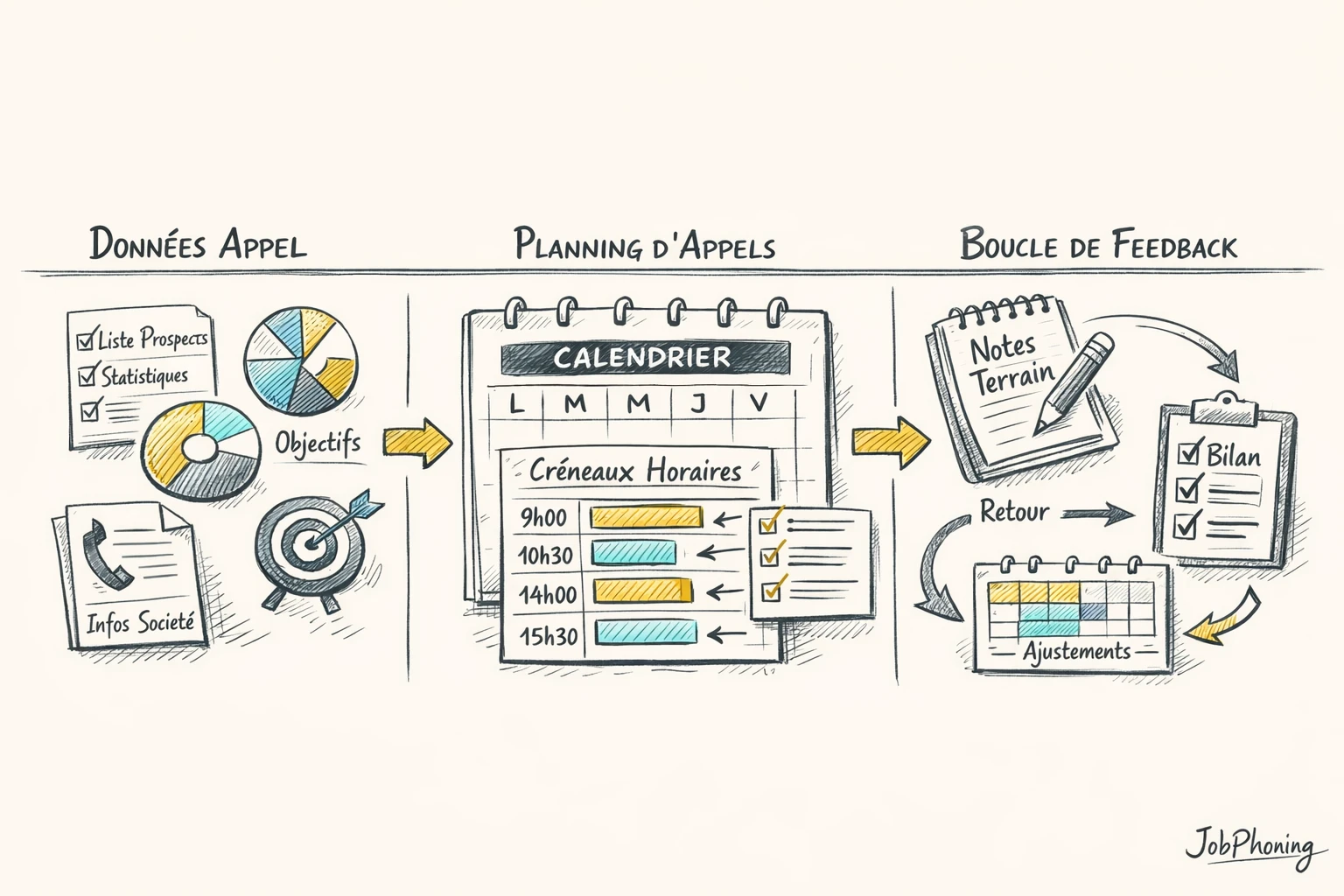 Schéma représentant l’optimisation d’horaires d’appel B2B via blocs reliés et flèches séquentielles.