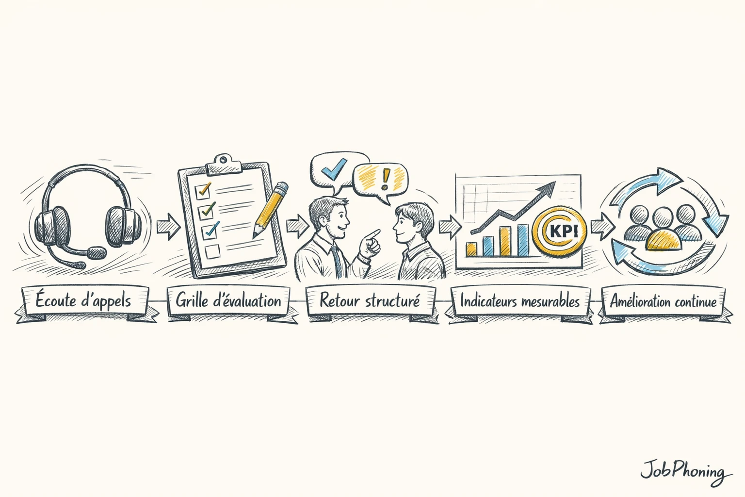 Schéma représentant le contrôle qualité des appels via enchaînement d’étapes reliées par des flèches géométriques