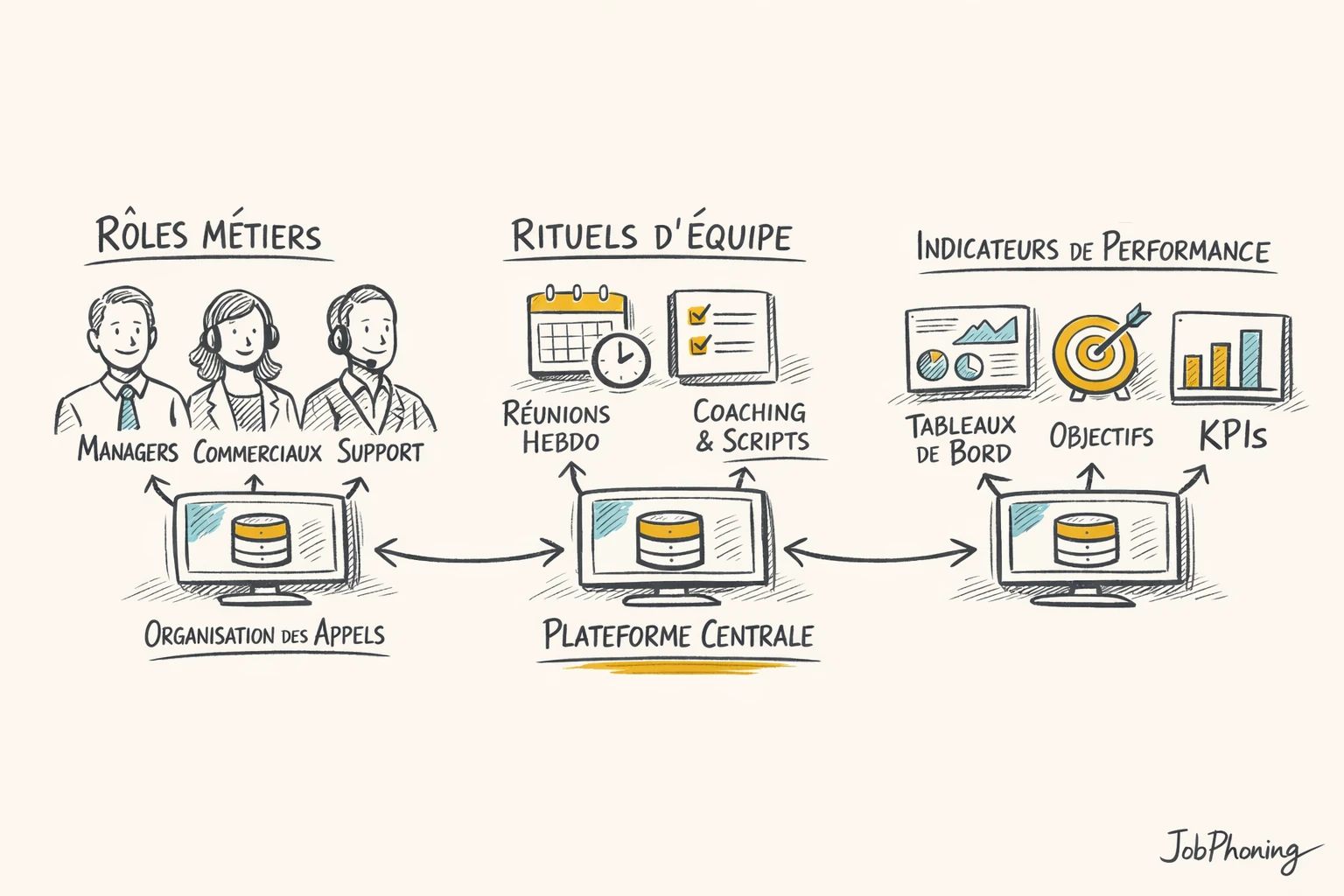 Schéma représentant l’organisation du contrôle des appels via hub central et nœuds connectés.
