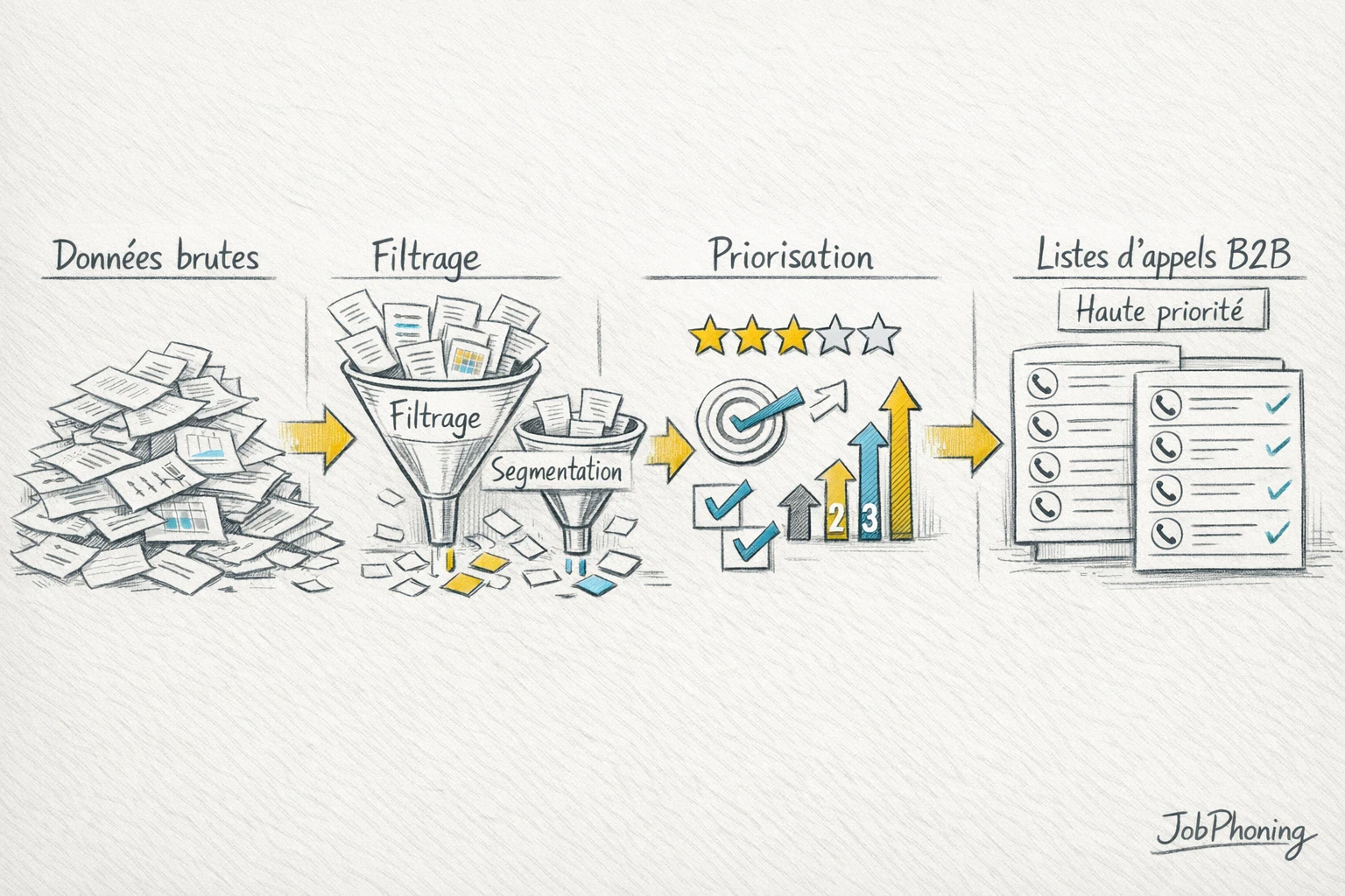 Schéma représentant la construction d’une cible B2B via étapes séquencées et flèches.
