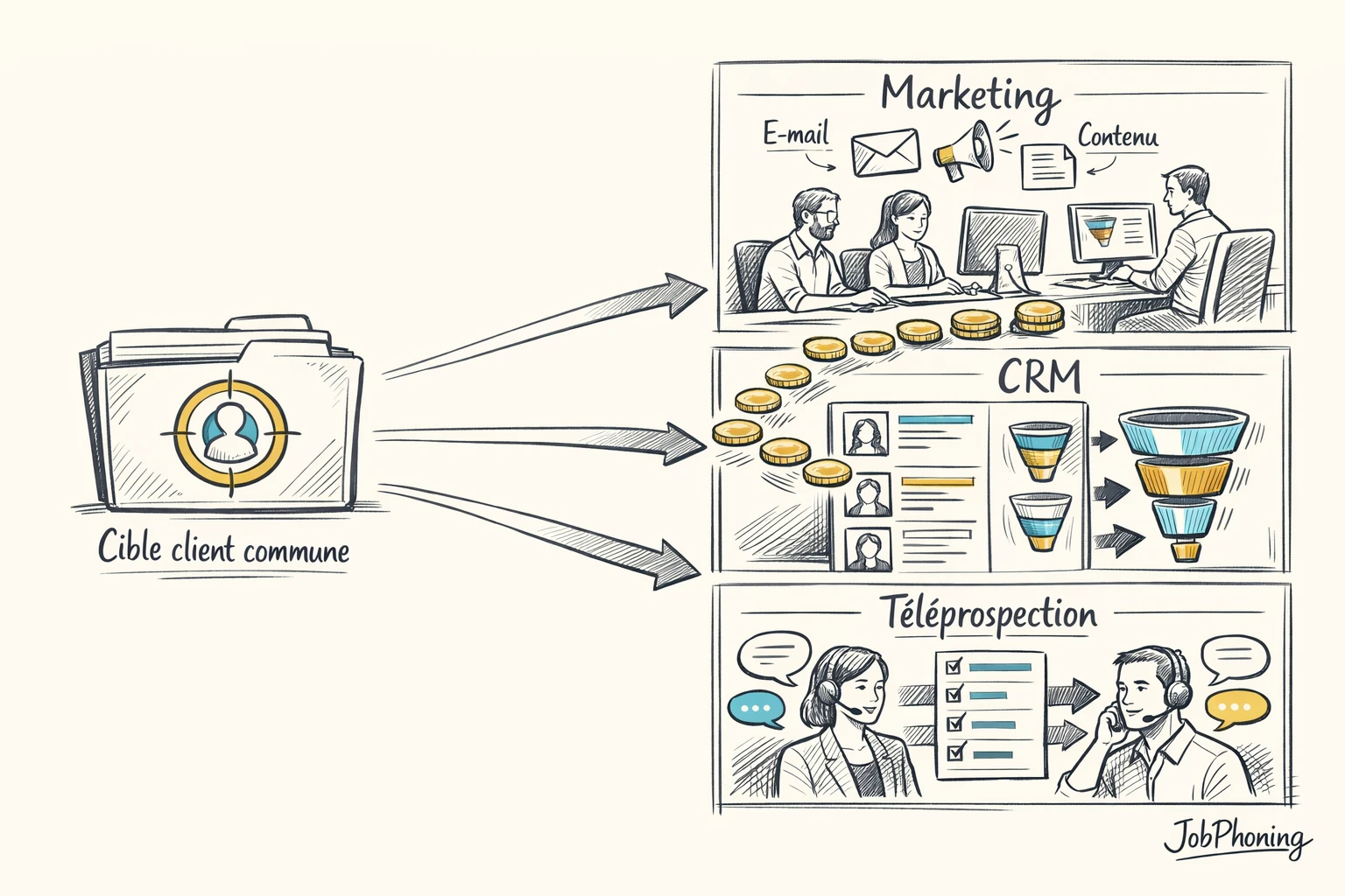 Infographie représentant une cible B2B partagée via un noyau central connecté à trois flux géométriques