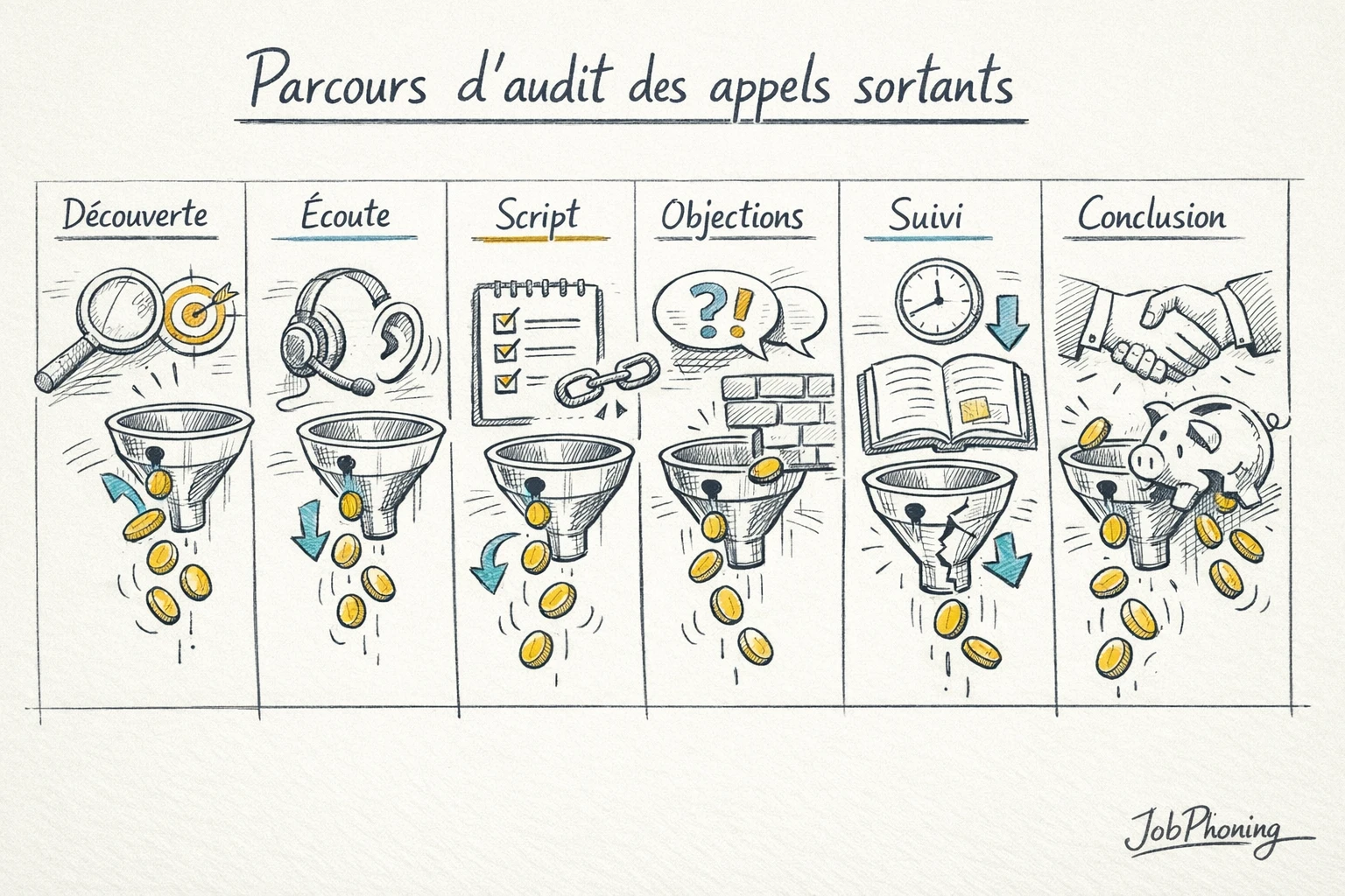 Schéma représentant l’audit des appels sortants via étapes séquencées et fuites visualisées