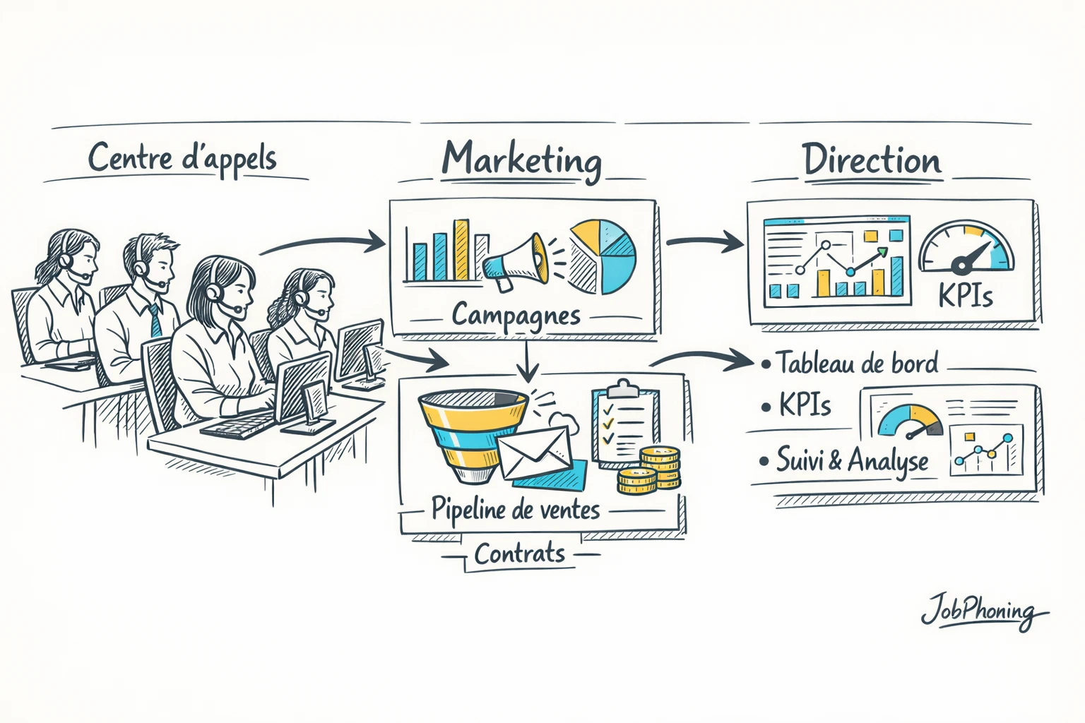 Infographie représentant la coordination téléprospection-marketing-ventes via un noyau central et plusieurs blocs reliés.