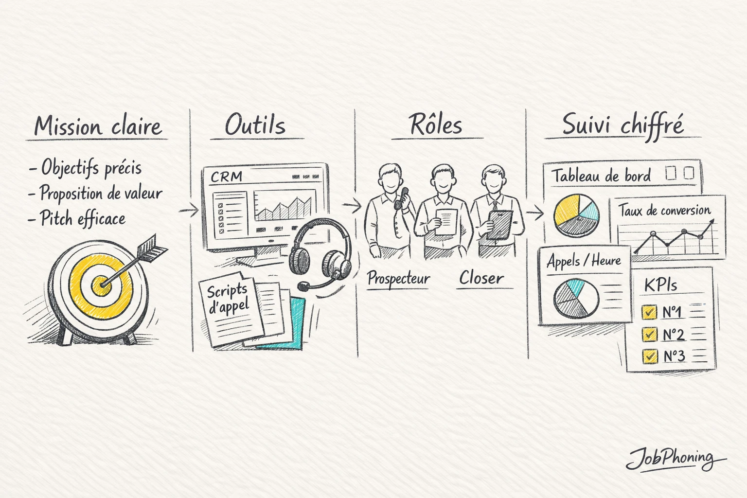 Schéma représentant l’organisation d’une équipe d’appels sortants via blocs reliés et flèches