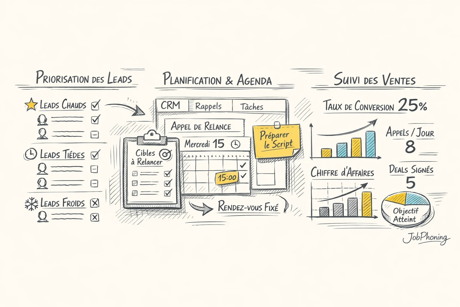 Schéma représentant un parcours de relance téléphonique structuré via flèches, blocs alignés et icônes abstraites