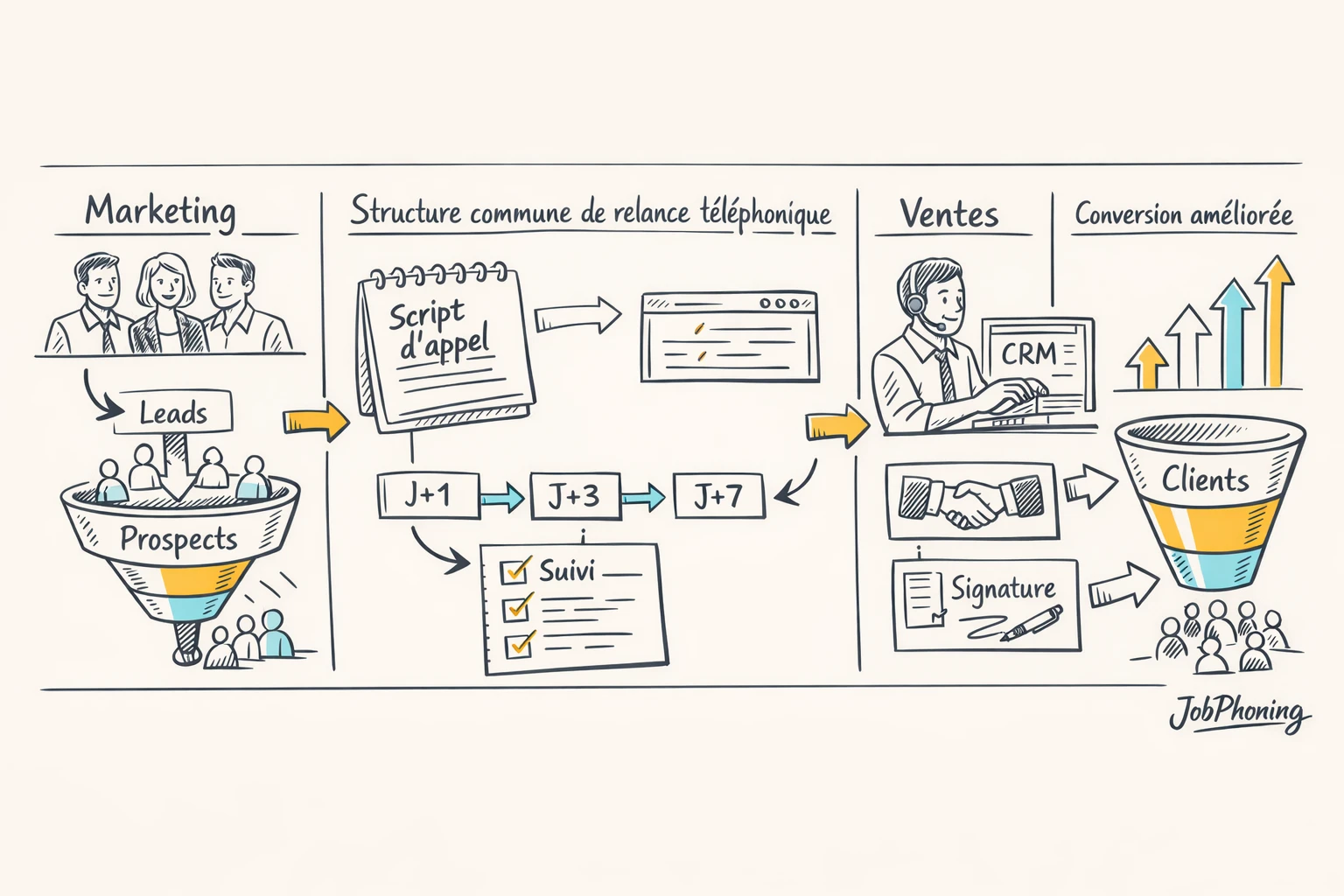 Infographie représentant l’organisation des relances B2B via hub central, modules d’équipes et entonnoir de traitement