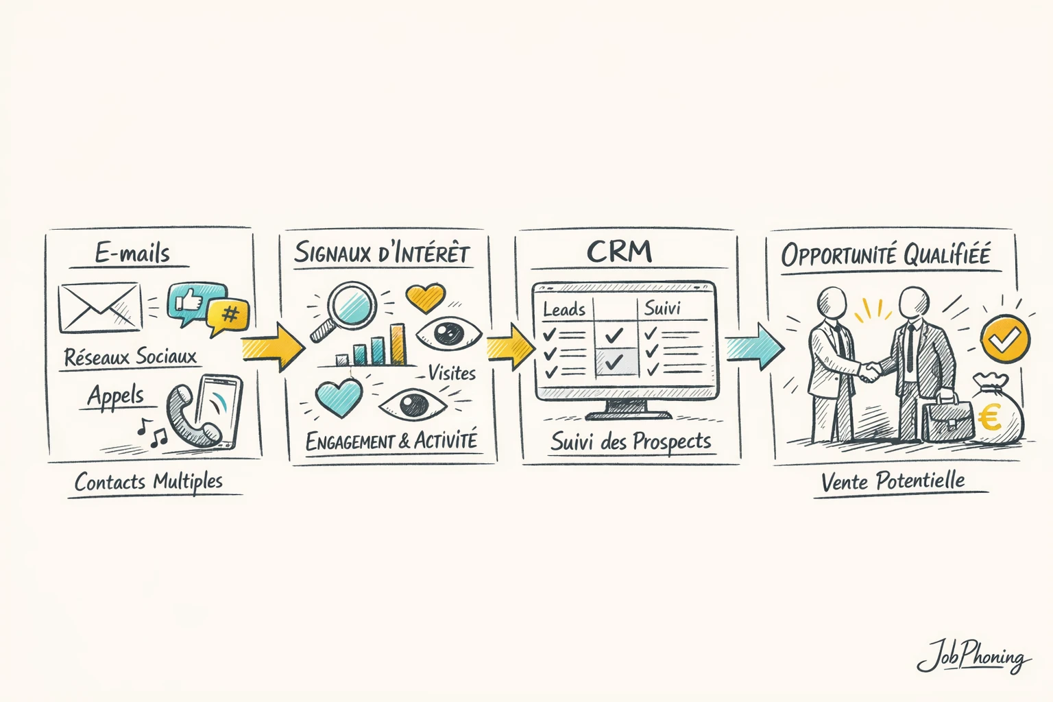 Schéma représentant une séquence multicanale B2B via blocs reliés symbolisant emails, réseaux sociaux, téléphone et