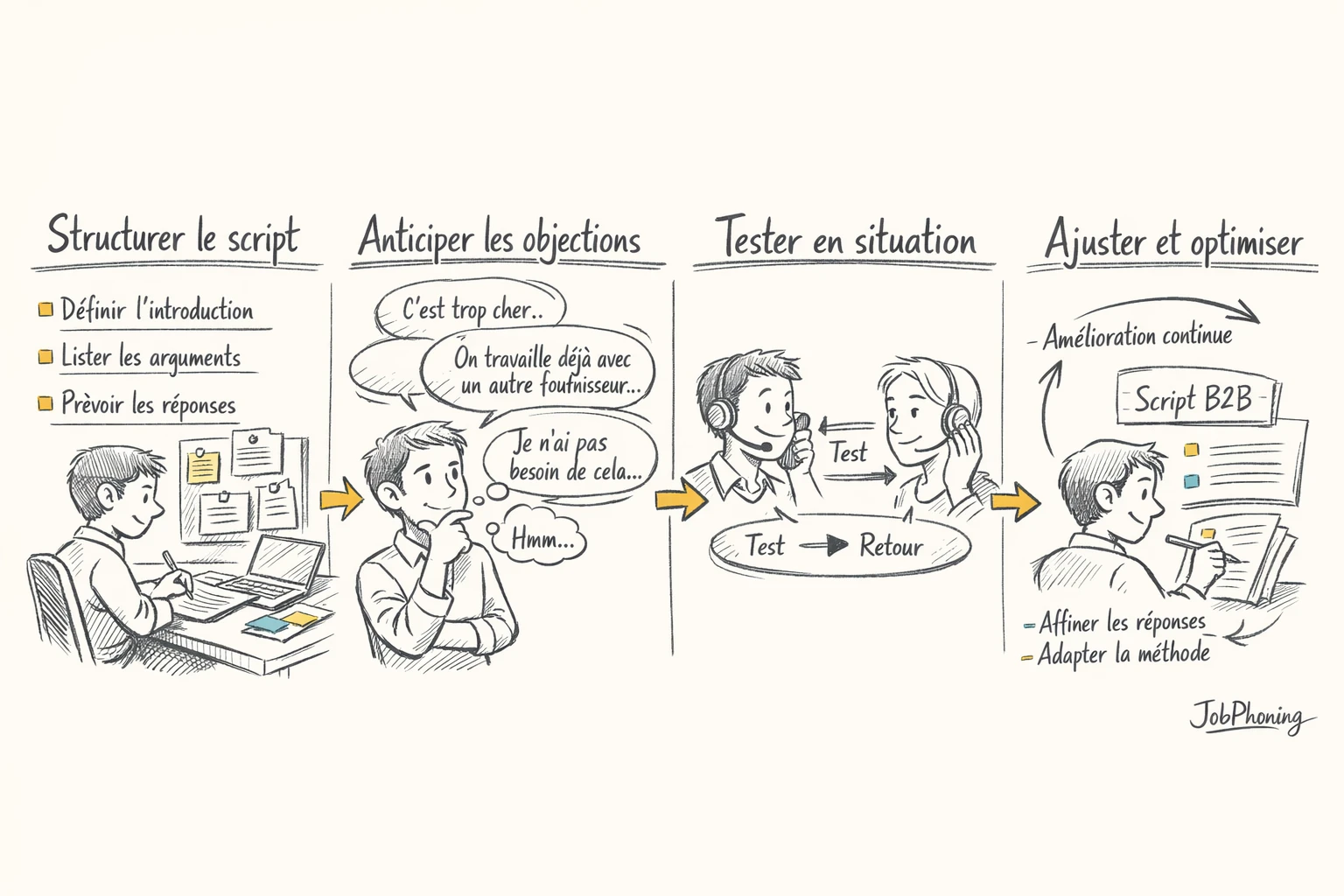 Schéma représentant la préparation d’un script d’appel via blocs séquentiels reliés par des flèches colorées.