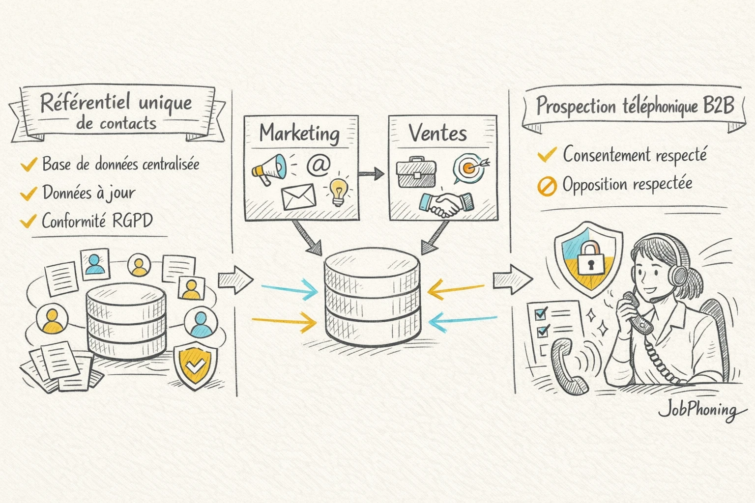 Schéma représentant la coordination RGPD via base de données centrale, bouclier et blocs marketing-ventes reliés.