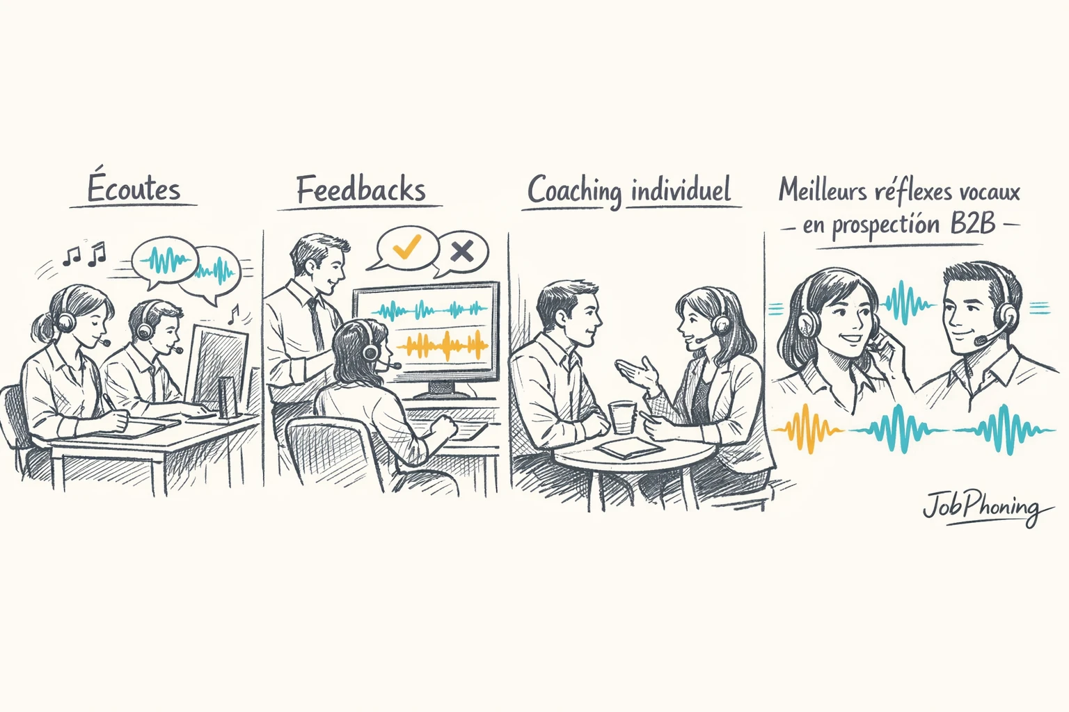 Schéma représentant un parcours de formation vocale via flèches, rectangles et icônes abstraites d’appels téléphoniques.