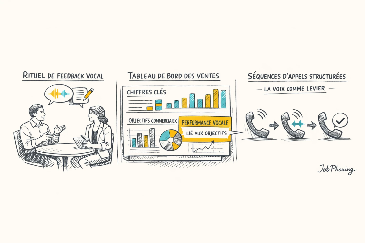 Infographie représentant l’intégration du travail vocal via un noyau central relié à plusieurs blocs géométriques.