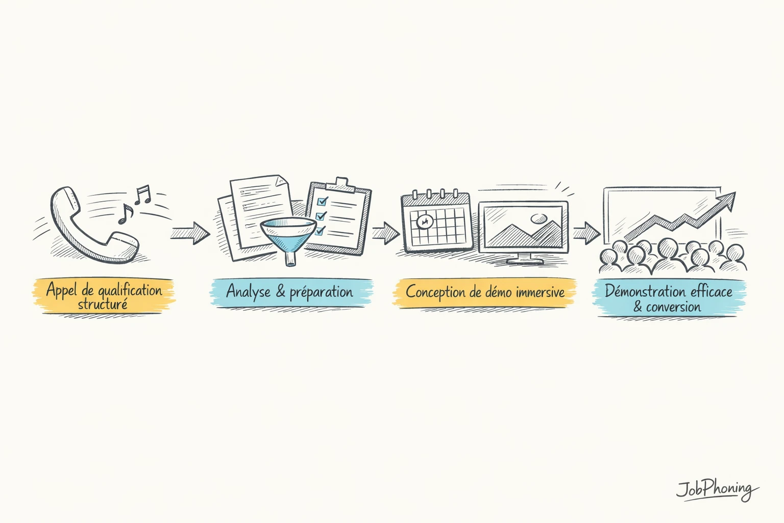 Schéma représentant le passage d’un appel à une démo immersive via blocs et flèches.
