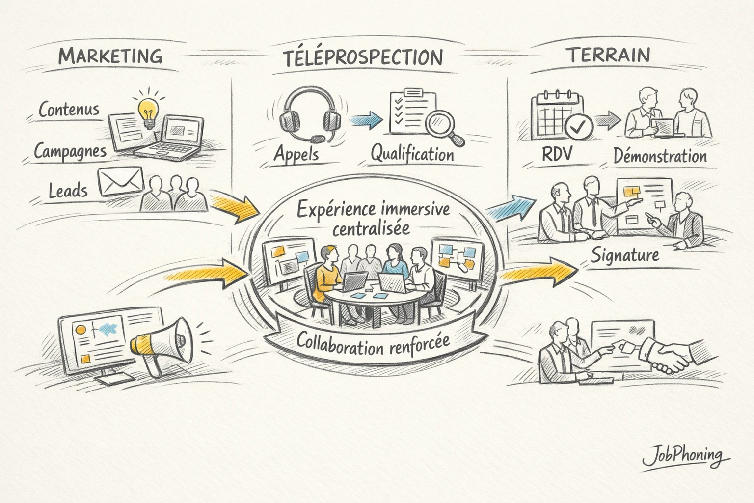 Infographie représentant l’intégration d’essais immersifs via un noyau central connecté à divers écrans et appareils.