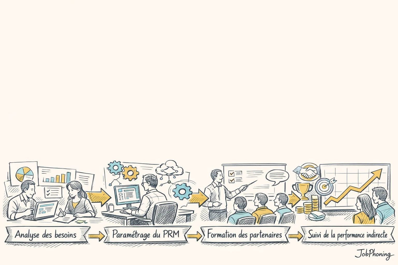 Schéma représentant le déploiement d’un logiciel PRM via flèches, blocs successifs et connecteurs.