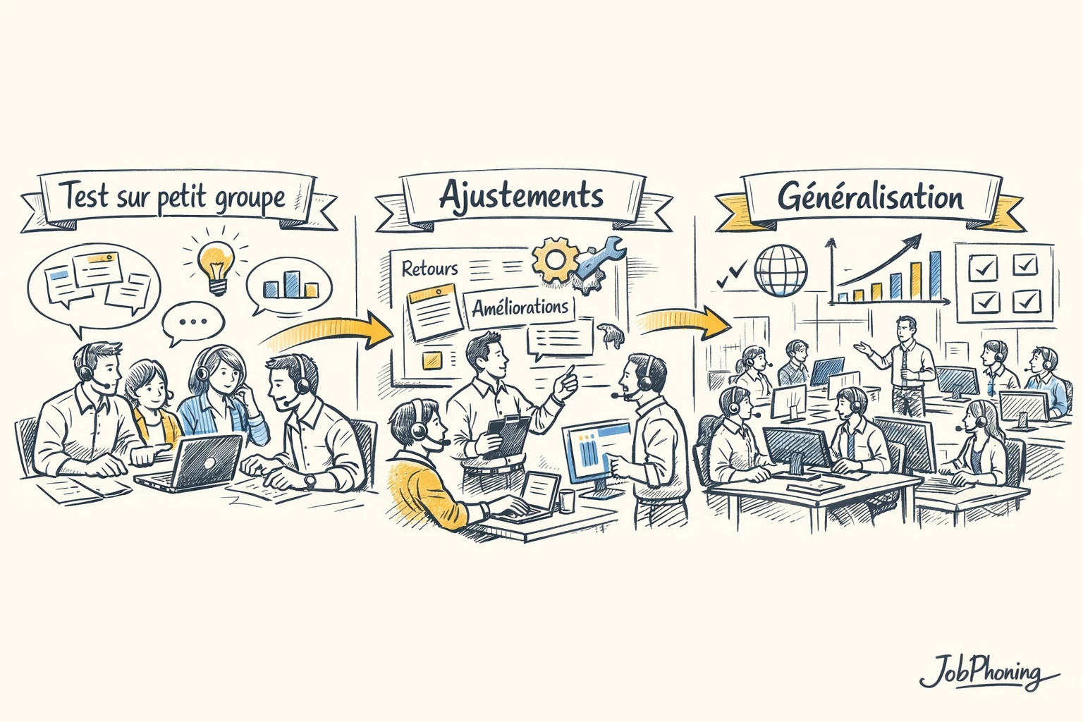 Schéma représentant un déploiement progressif de logiciel via blocs alignés et flèches séquentielles.