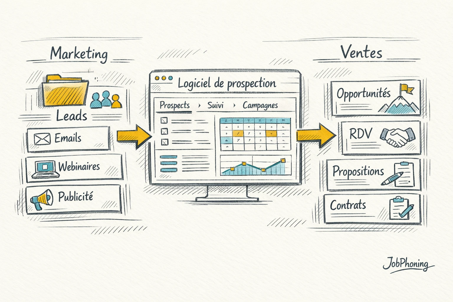 Schéma représentant un logiciel de prospection central via un hub bleu connecté à des blocs