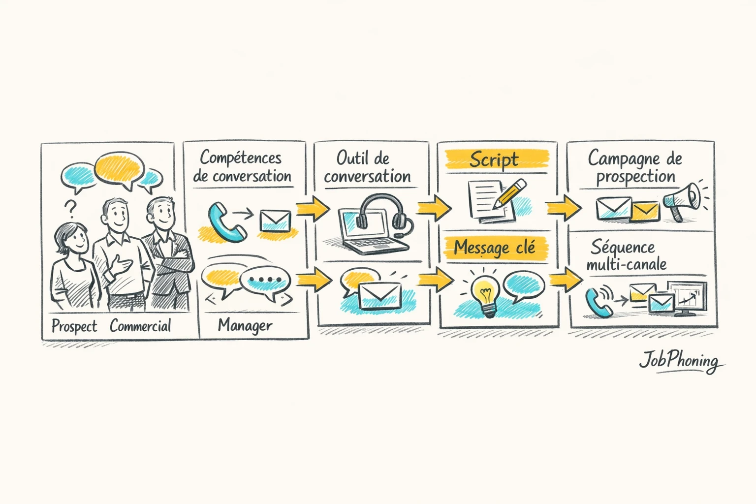 Schéma représentant l’organisation de prospection centrée conversation via un noyau bleu connecté à plusieurs blocs