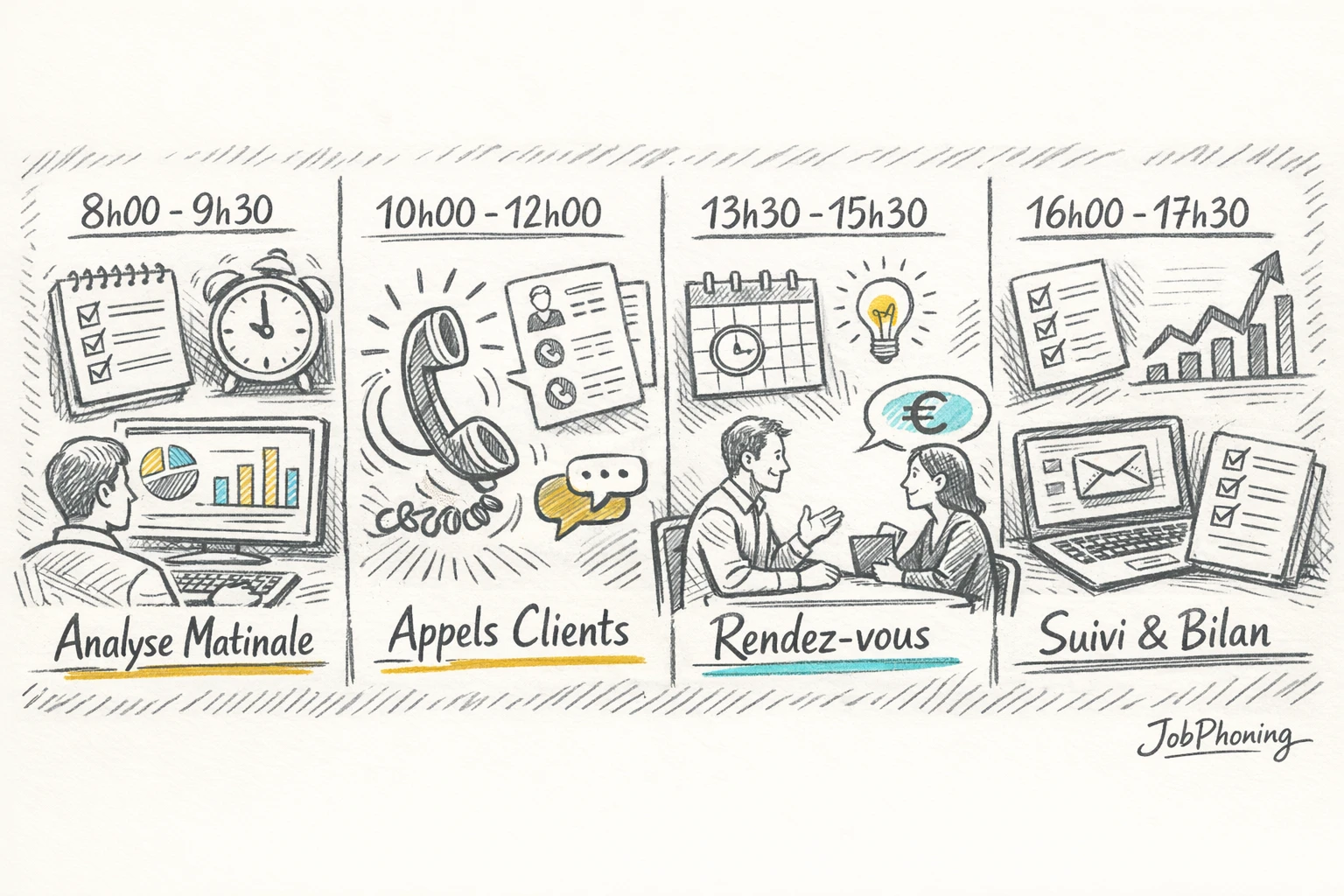 Schéma représentant l’organisation d’une journée de closing via blocs horaires séquencés et flèches reliant appels,