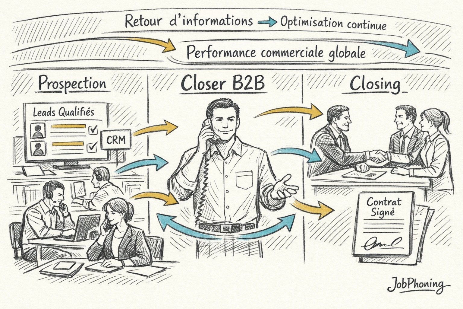 Schéma représentant le rôle du closer B2B via calendrier central, pipeline, entonnoir et flèches de