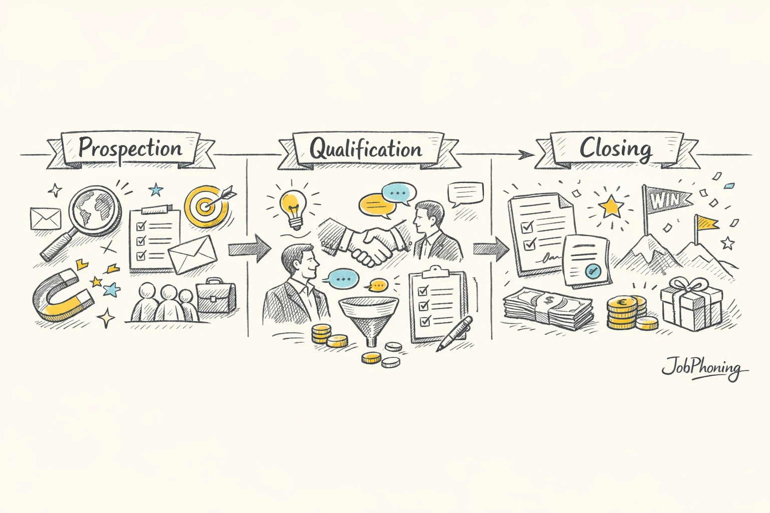 Schéma représentant le parcours de closing B2B via pipeline segmenté et blocs reliés.