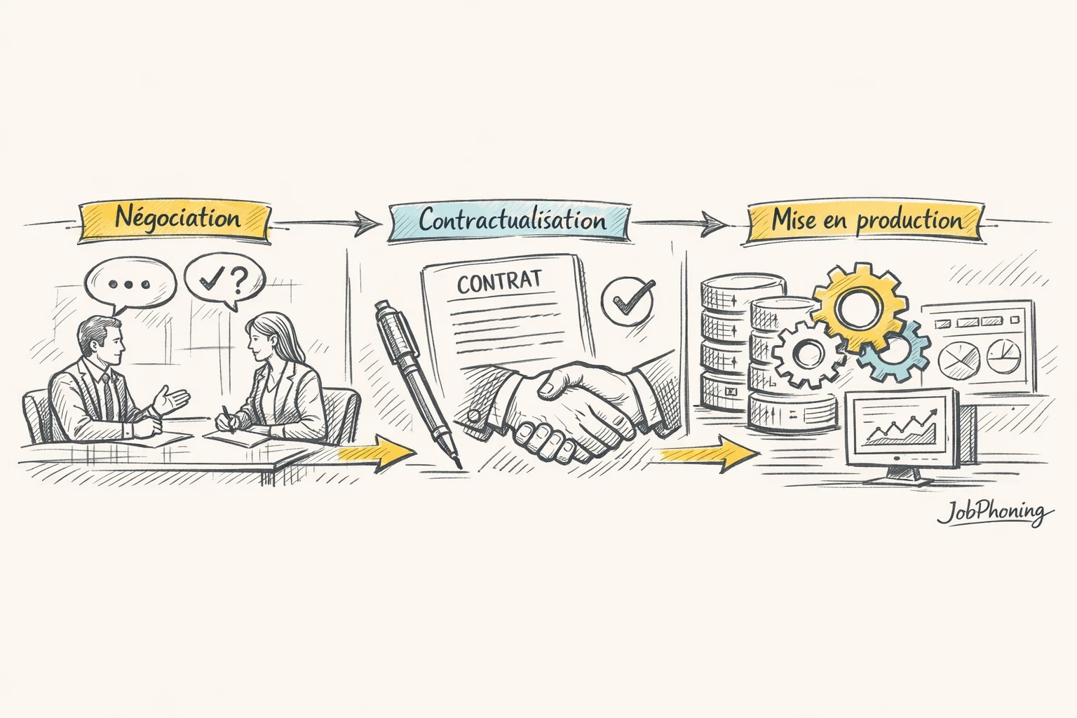 Schéma représentant un closing B2B structuré via une suite de blocs reliés et flèches séquentielles.