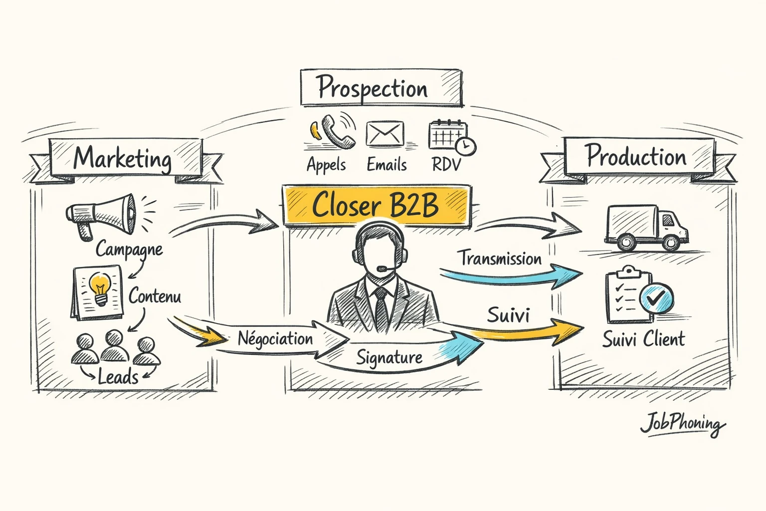 Infographie représentant le rôle central du closer via un noyau bleu connecté à plusieurs blocs