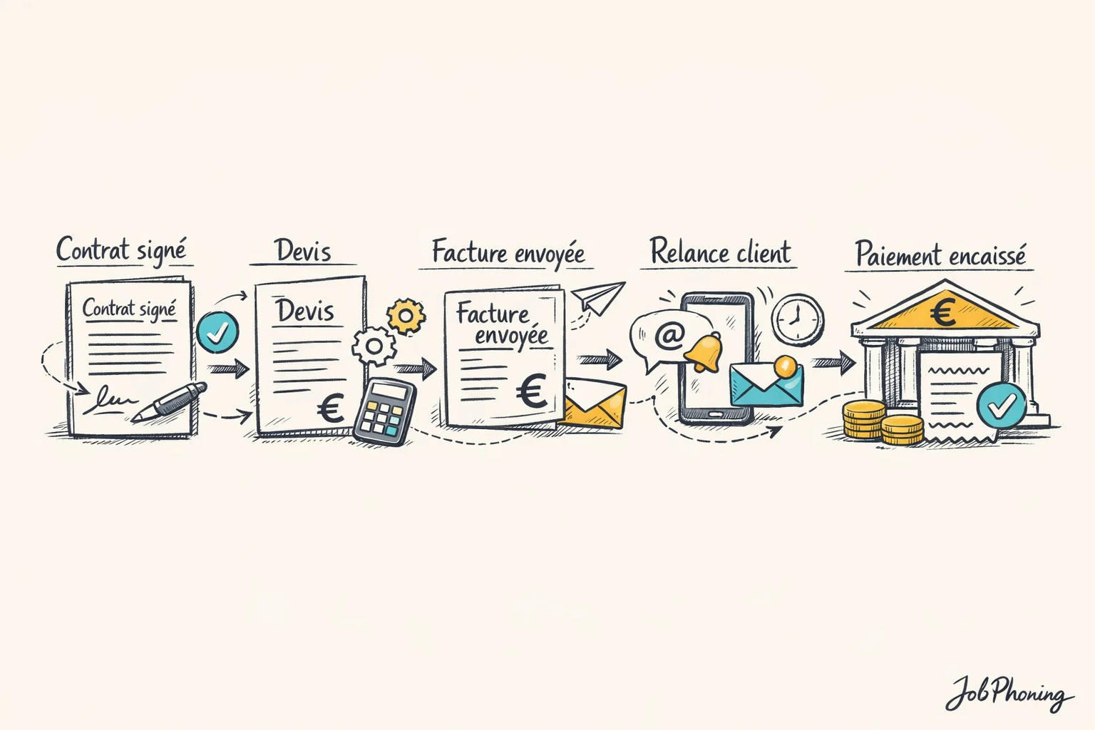 Schéma représentant le parcours administratif B2B via blocs alignés illustrant contrats, devis, facturation, relances et