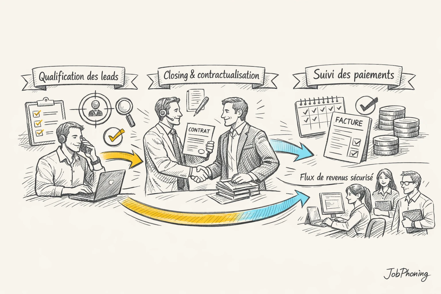 Schéma représentant le rôle du closer B2B via pipeline segmenté et hub central