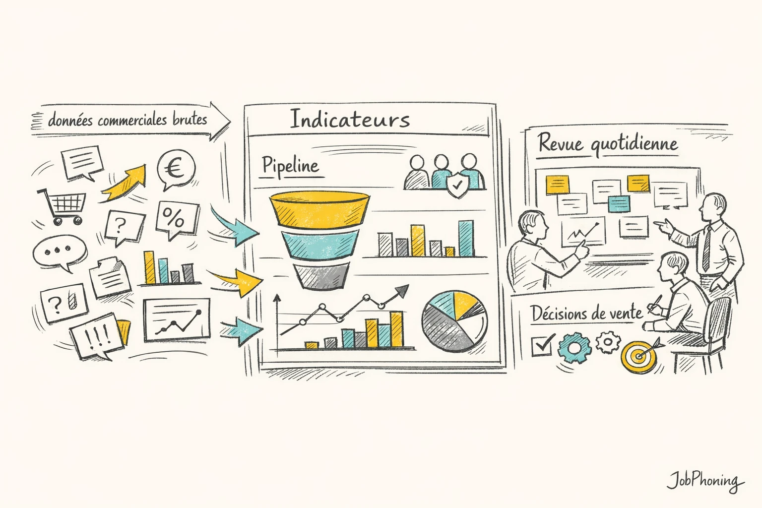 Schéma représentant l’intégration des indicateurs commerciaux via tableau de bord central, pipeline et cercles de
