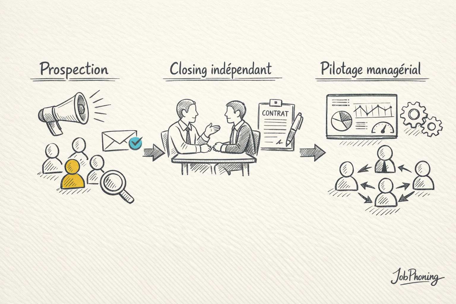 Schéma représentant le passage du relais commercial via un pipeline et entonnoir B2B segmentés.