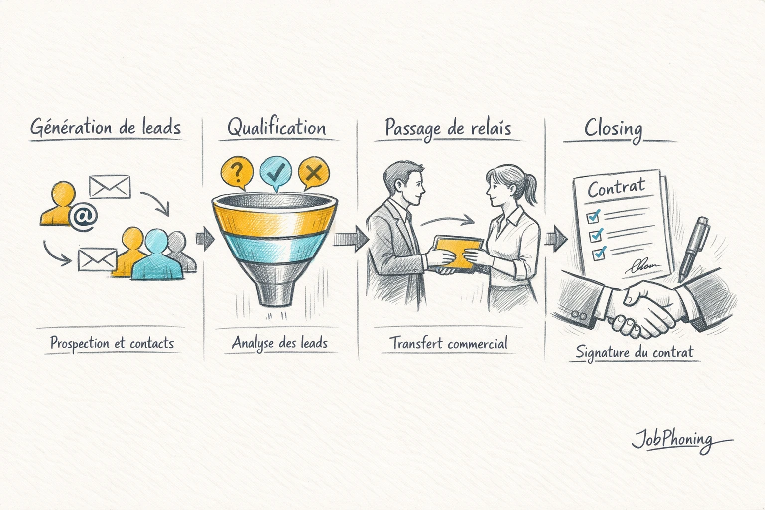 Schéma représentant le parcours commercial B2B via un pipeline segmenté et flux convergents