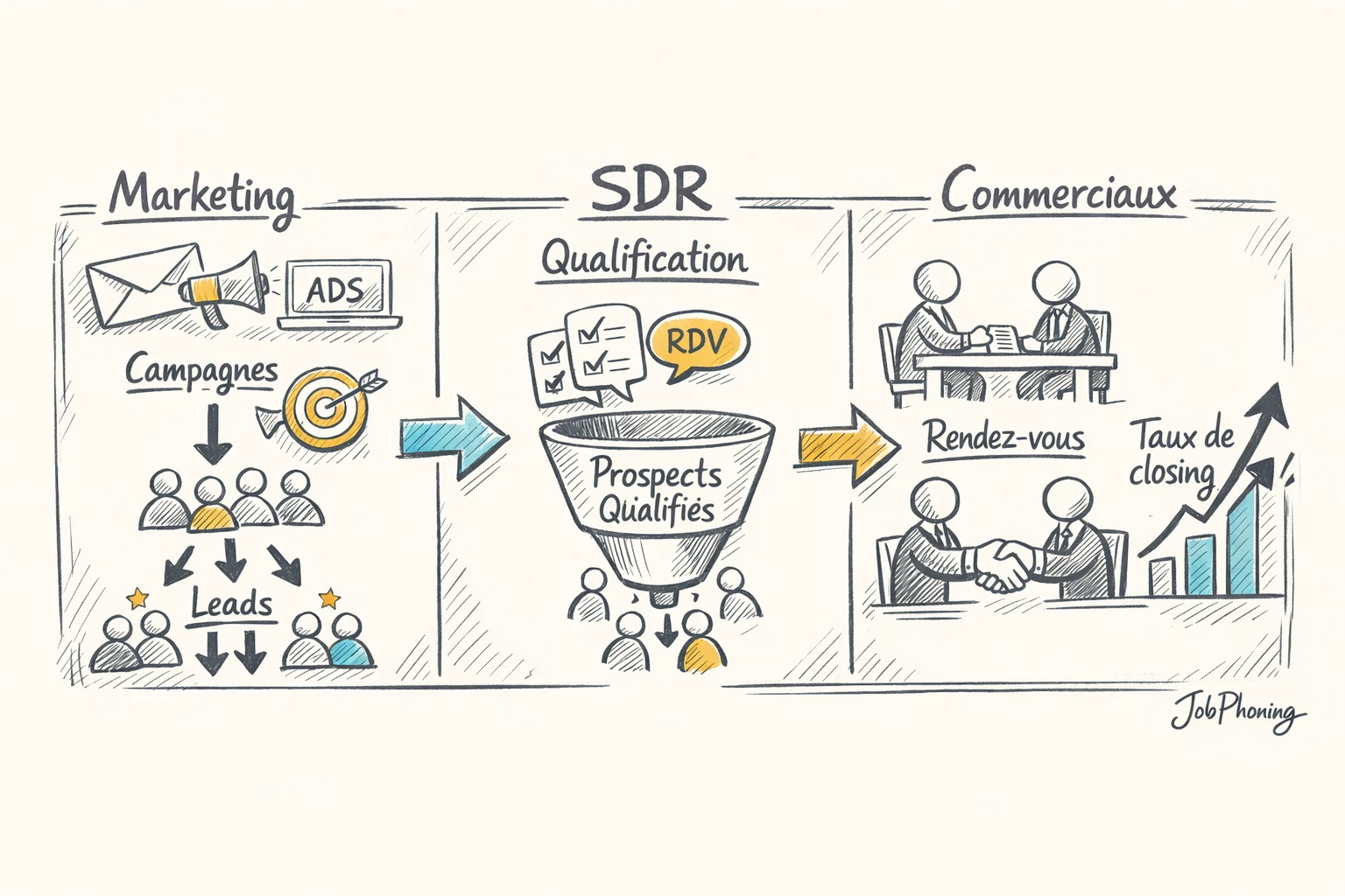 Schéma représentant la coordination marketing, SDR et ventes via pipeline segmenté, flèches et blocs alignés.