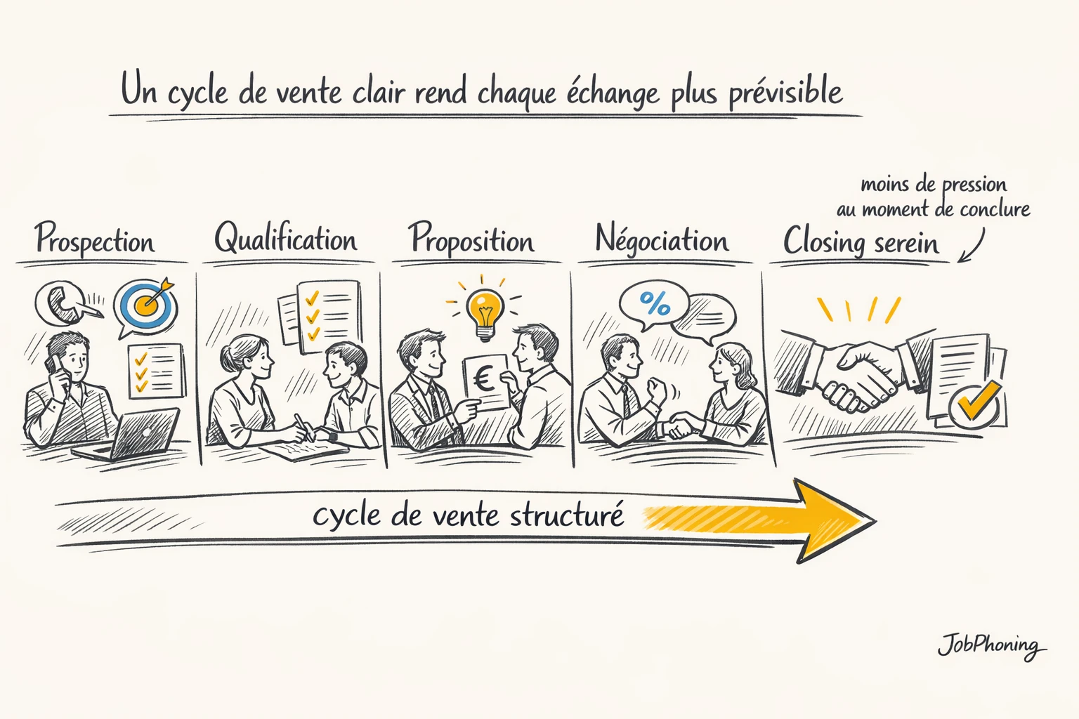 Schéma représentant un cycle de vente structuré via flèches, colonnes séquentielles et blocs géométriques alignés.