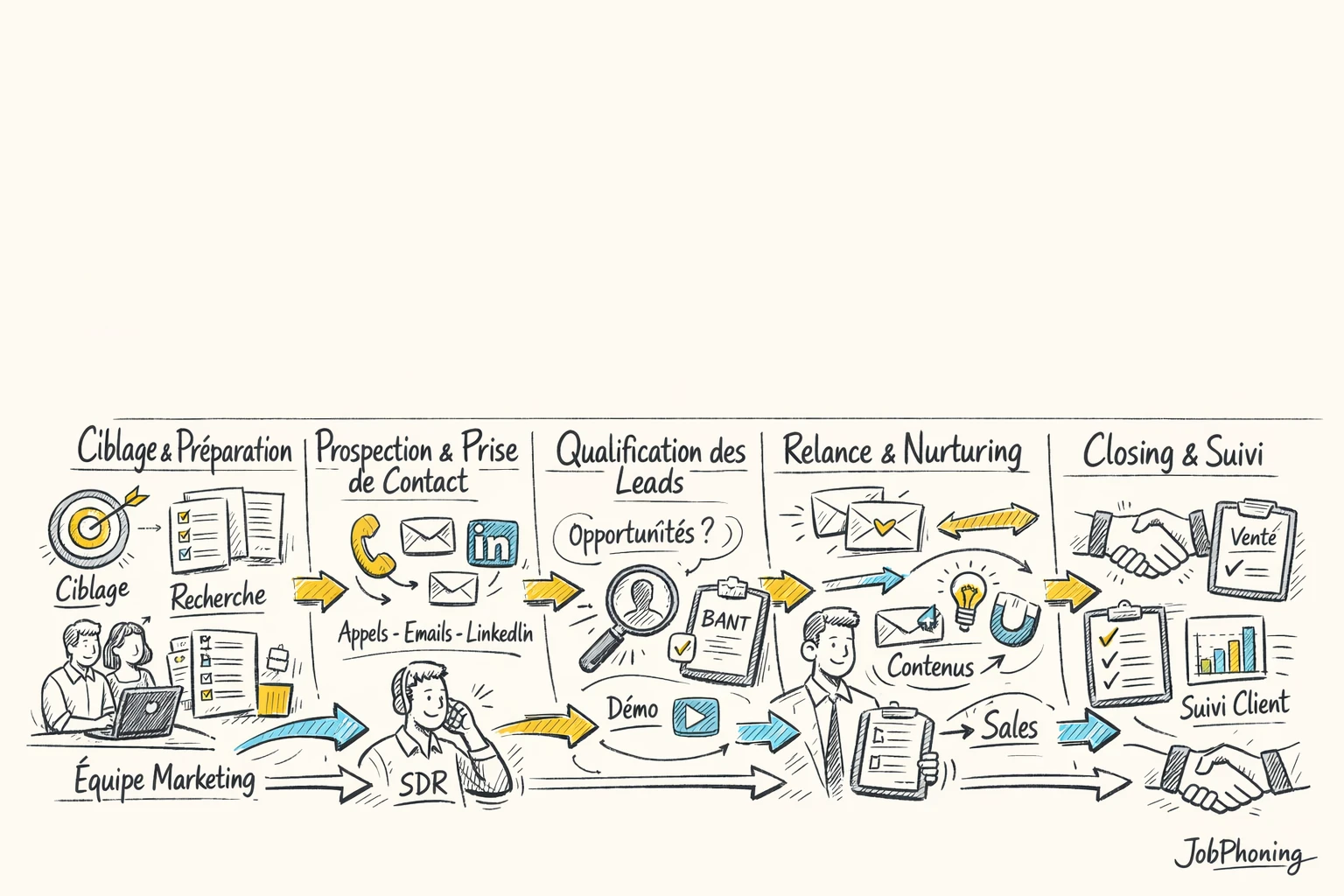 Infographie représentant un flux commercial B2B structuré via pipeline segmenté et icônes abstraites alignées.