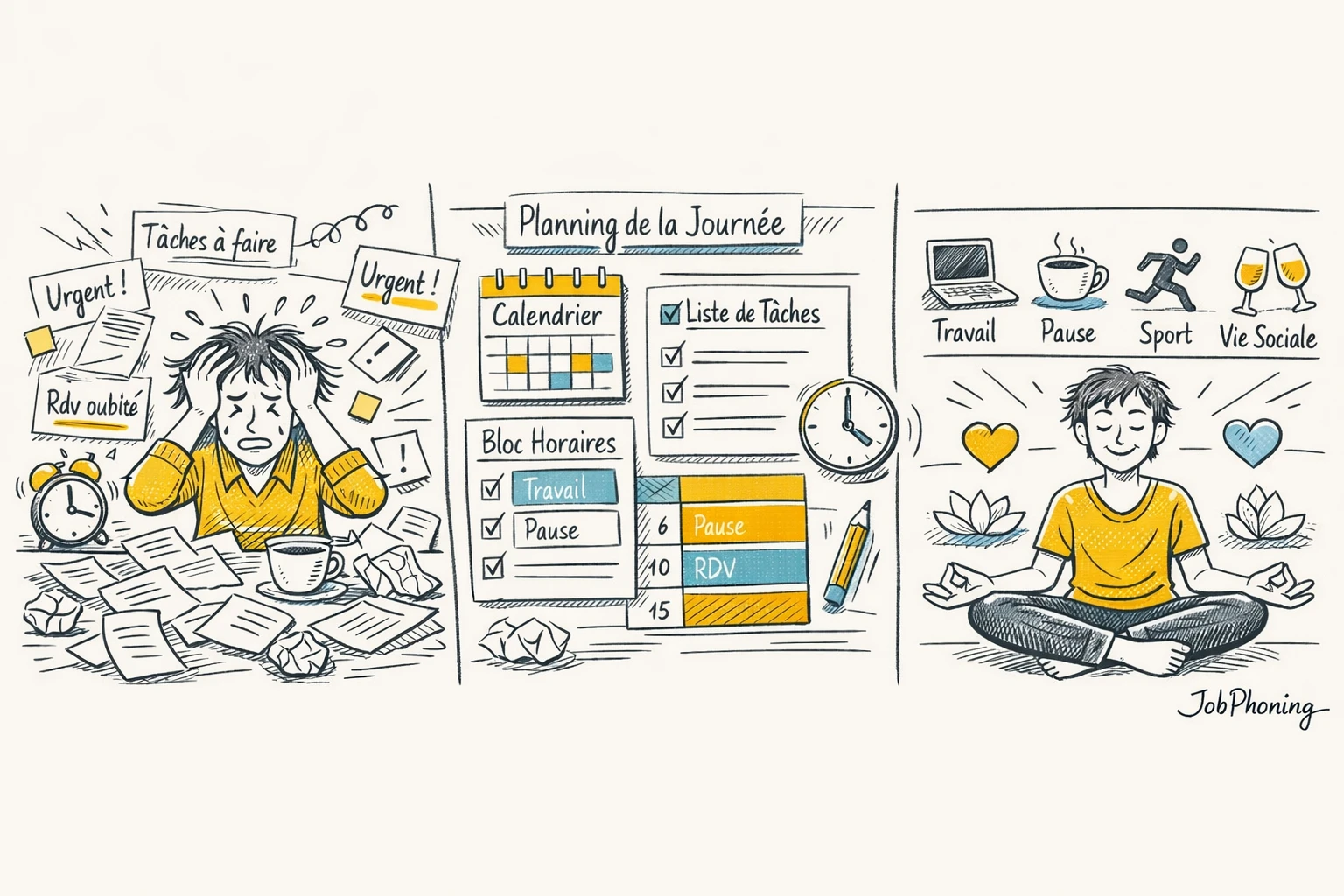 Schéma représentant l’organisation quotidienne d’un freelance via un flux de rectangles et flèches minimalistes colorés.