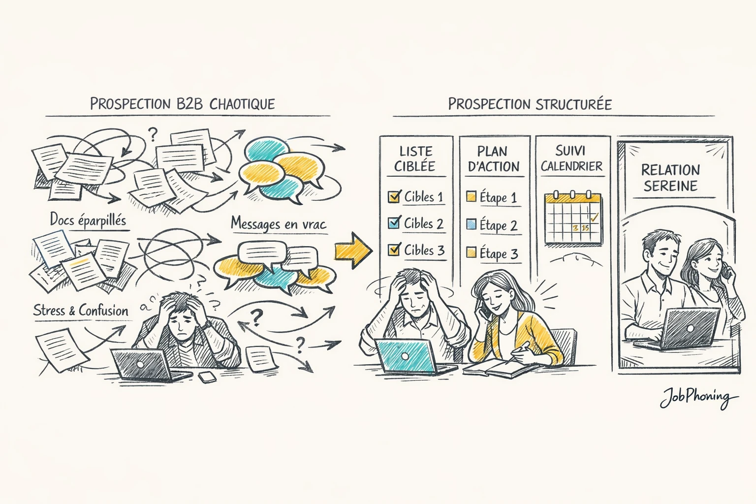 Infographie représentant l’impact d’une organisation structurée sur le bien-être freelance via pipeline et cercle protecteur.