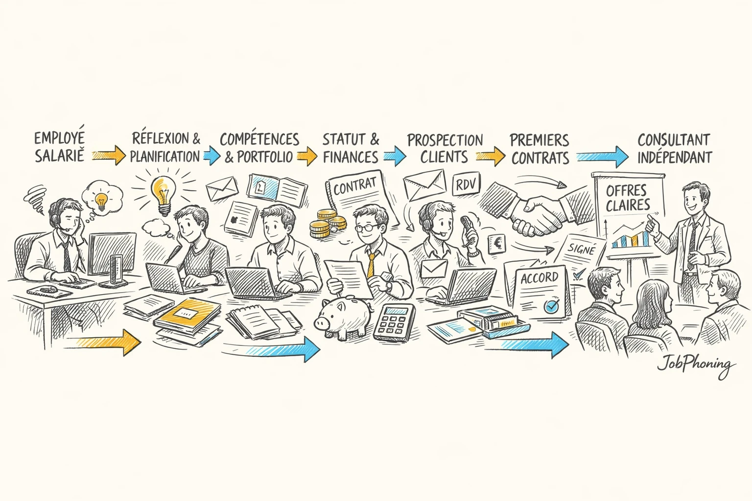 Schéma représentant la transition vers le freelancing après 40 ans via étapes reliées et blocs