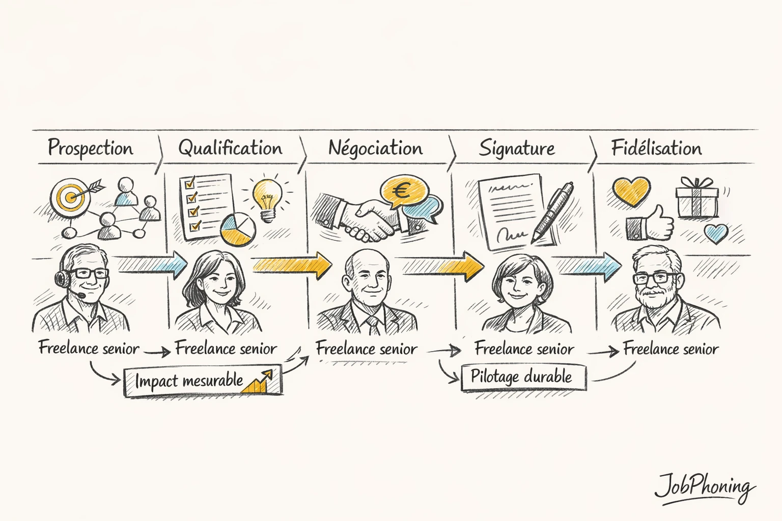 Infographie représentant l’intégration de freelances seniors dans un pipeline commercial via pipeline bleu et nœuds